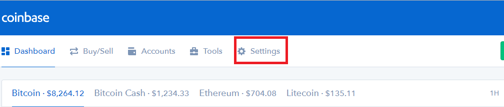 coinbase settings tab